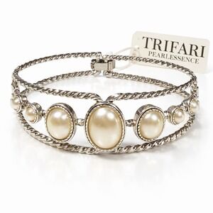 Vintage Trifari Pearlessence Bracelet Faux Pearls Silver Tone Hinged Bangle NWT